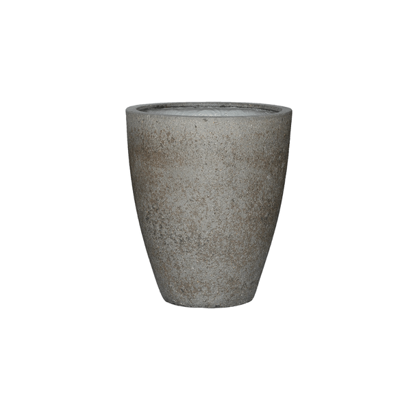 Gray textured ceramic planter with a tapered cylindrical shape, suitable for indoor plants.