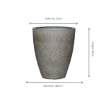 Tall tapered stone planter with rough gray-brown finish; opening 32 cm, diameter 36.5 cm, height 45 cm.