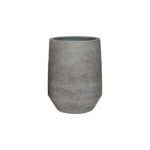 Gray speckled concrete planter with a cylindrical body and a faceted rounded base, wide circular opening at the top.