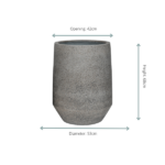 Concrete-textured cylindrical planter with a tapered base, opening 42 cm, diameter 53 cm, height 66 cm (dimensions shown).