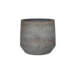 Round concrete planter with a weathered gray finish, empty inside.