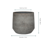 Concrete planter with a 33 cm opening, 38 cm tall, and 42 cm diameter (round, textured surface).