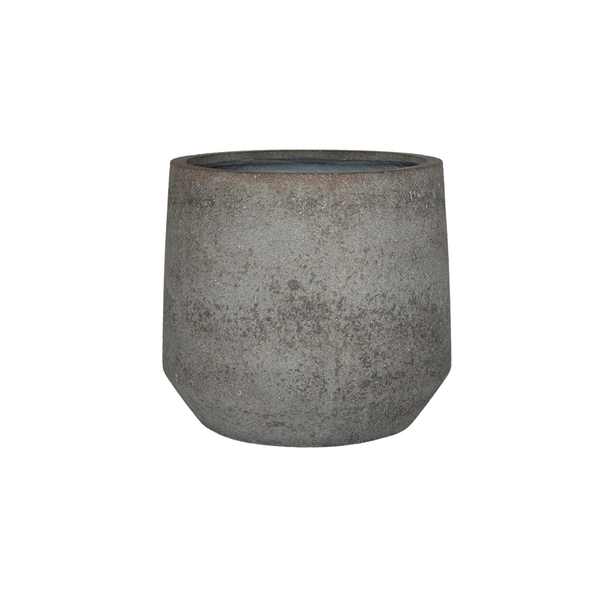 Grey concrete planter pot with a rounded bottom and cylindrical shape, empty interior visible at the top edge.