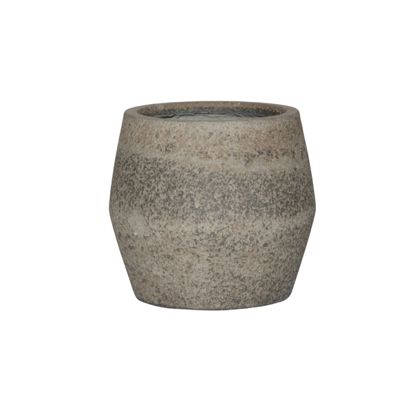 Speckled gray-brown ceramic planter pot with a wide opening (empty). Read as a decorative plant pot for indoor/outdoor use.