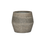 Small gray stone planter with a wide opening and tapered sides for plants nearby or indoors/outdoors.