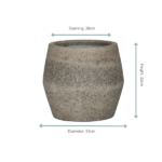Stone textured planter with measurements: opening 38 cm, height 32 cm, and diameter 53 cm.