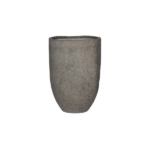 Gray textured ceramic vase with a rounded bottom and narrow opening, empty, on a white background.