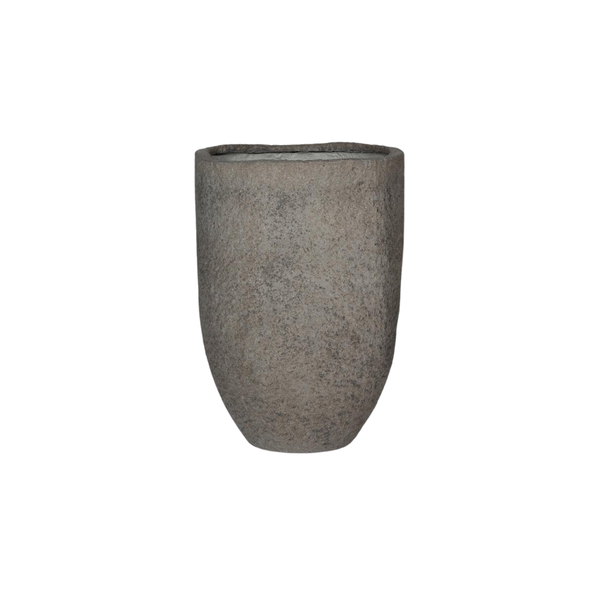 Gray textured ceramic vase with a rounded bottom and narrow opening, empty, on a white background.