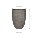 Rough-textured cylindrical stone vase, 56 cm tall with a 56 cm diameter and a 31 cm openings.