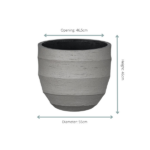 Grey ribbed ceramic planter with an open top; opening 46.5 cm, diameter 55 cm, height 46 cm.