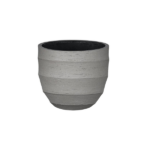 Gray ribbed concrete planter pot with horizontal bands, empty interior