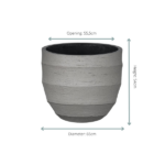 Large gray grooved concrete planter with horizontal bands; opening 55.5 cm, diameter 65 cm, height 54 cm