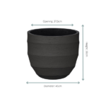 Dark textured planter/pot with wide opening; height 38 cm, diameter 45 cm, opening 37.5 cm.
