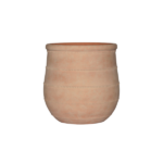 Terracotta planter pot with horizontal decorative rings on a rounded body.