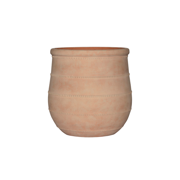Terracotta planter pot with horizontal decorative rings on a rounded body.