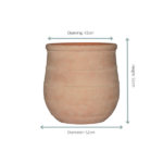 Terracotta ceramic planter with decorative horizontal bands; opening 43 cm, height 52 cm, diameter 52 cm.