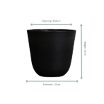 Black planter with a rounded bottom and tapered sides. Dimensions shown: opening 33.5 cm, height 32 cm, and diameter 35 cm.