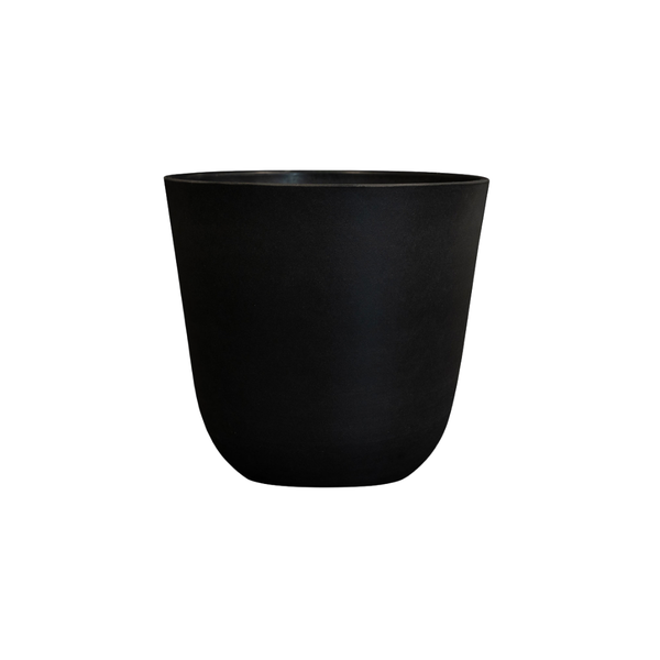 Black matte ceramic planter with a rounded bottom, suitable for indoor plants