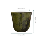 Green ceramic planter viewed from the front, showing dimensions: opening 25 cm, height 25 cm, and diameter 27 cm.