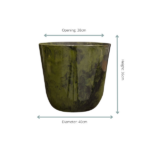 Green glazed plant pot with opening 38 cm, height 36 cm, and diameter 40 cm.