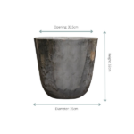 Grey ceramic plant pot with a wide opening; opening 33.5 cm, diameter 35 cm, and height 32 cm.