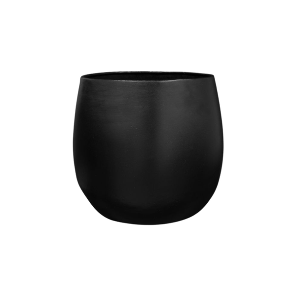 Black matte ceramic cup with a rounded bottom and no handle (tumbler).