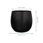 Black cylindrical planter with a rounded base, showing dimensions: opening 39 cm, height 45 cm, and diameter 45 cm