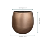 Copper-toned ceramic planter with a rounded shape; opening 23.5 cm, diameter 26 cm, and height 26 cm