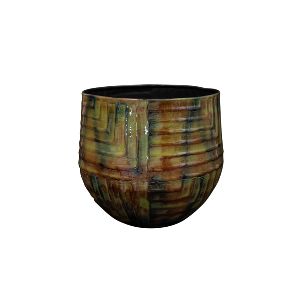 Glazed ceramic pot with green, brown, and black striped ridges on a rounded shape.