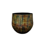 Glazed ceramic cup-shaped planter with green, brown, and amber glaze and ribbed texture.