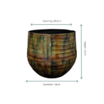 Glazed ceramic planter with brown-green glaze, dimensions shown: opening 29.5 cm, diameter 34 cm, height 29 cm.