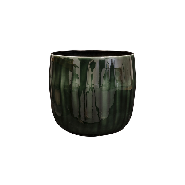 Glossy dark green ceramic pot with a rounded, tumbler-like shape on a white background