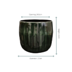 Green glazed ceramic planter pot with opening 24.5 cm, diameter 27 cm, height 23 cm, shown with dimension arrows