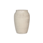 Cream ceramic vase with a speckled glaze and a narrow neck on a white background