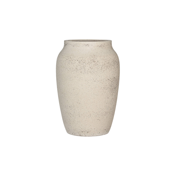 Cream ceramic vase with a speckled glaze and a narrow neck on a white background