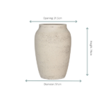 Beige speckled ceramic vase with a wide body; opening 31.5 cm, height 74 cm, diameter 51 cm.