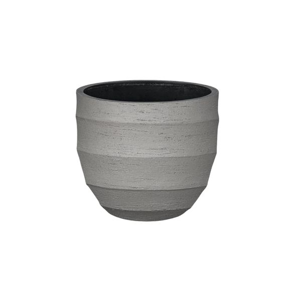Gray ribbed ceramic planter with a dark interior, empty and ready for a plant.