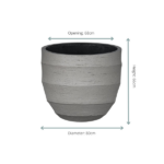 Large grey textured planter with circular opening; height 66 cm, opening 68 cm, diameter 80 cm.