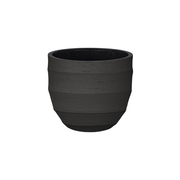 Dark, textured planter pot with horizontal ridges and wide opening (black/charcoal ceramic)