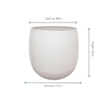 White ceramic planter with a rounded bottom; opening 48 cm, diameter 57 cm, height 55 cm.