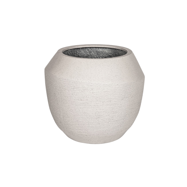 Cream ceramic planter with a faceted, geometric rim and textured surface, shown empty against a white background