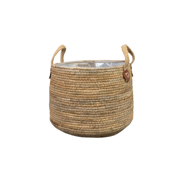 Round woven jute storage basket with two handles and a plastic liner inside