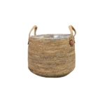 Round woven jute storage basket with two handles and a plastic liner inside