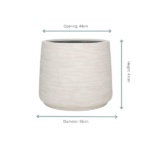 Beige ceramic planter with opening 44 cm, diameter 56 cm, and height 47 cm.