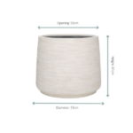 Beige ceramic planter with a wide top opening; opening 59 cm, height 61 cm, diameter 73 cm (dimensions labeled around the pot).