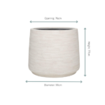 Large white speckled ceramic planter with a circular opening; opening 76 cm, height 77 cm, diameter 93 cm.