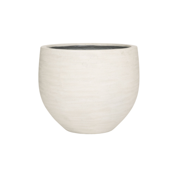 White ceramic planter with a rounded, bowl-like shape and dark inner rim.