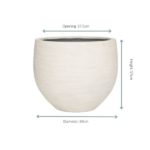 Cream ceramic planter with a rounded body; opening 57.5 cm, diameter 69 cm, height 57 cm.