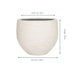 Cream ceramic planter with a wide opening and rounded body, dimensions: opening 73 cm, height 70 cm, and diameter 88 cm.
