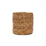 Woven wicker basket with a cylindrical shape and natural brown tones against a white background